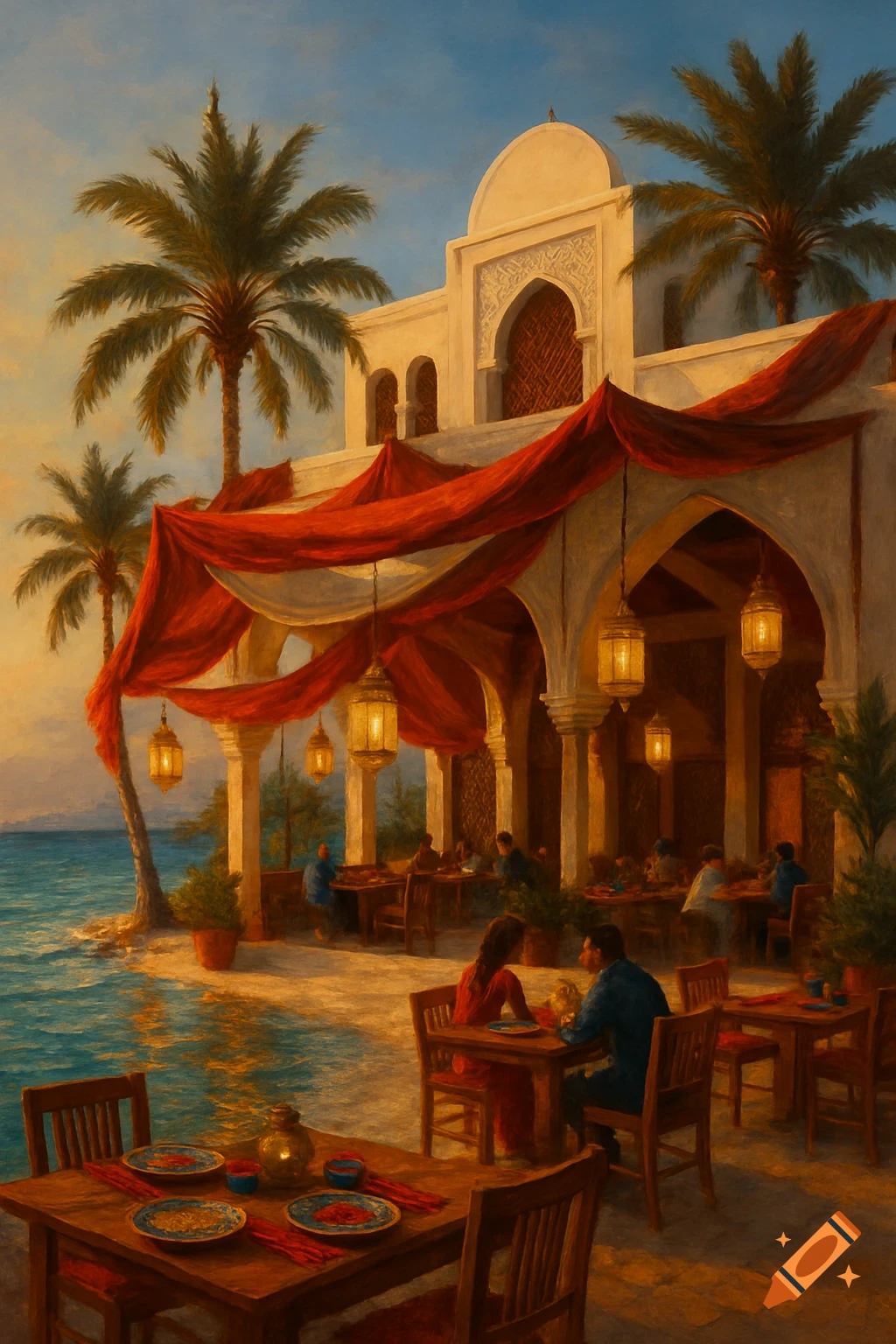 Vibrant painting of an outdoor restaurant by the sea at sunset, with diners under a red and white canopy, palm trees, and ornate architecture.