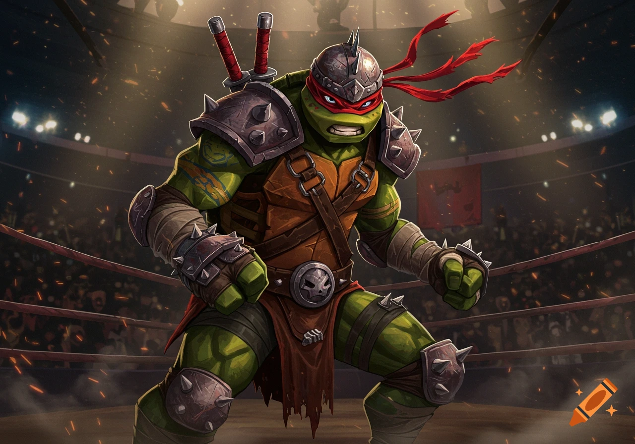 Raphael from TMNT, depicted as a muscular pit fighter with spiked armor, red mask, and katanas, in a fighting arena.