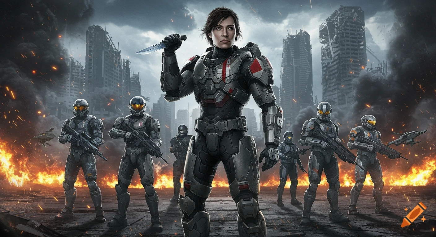 A team of futuristic soldiers in tactical armor stands in a ruined city engulfed in fire and smoke. The central figure holds a combat knife.