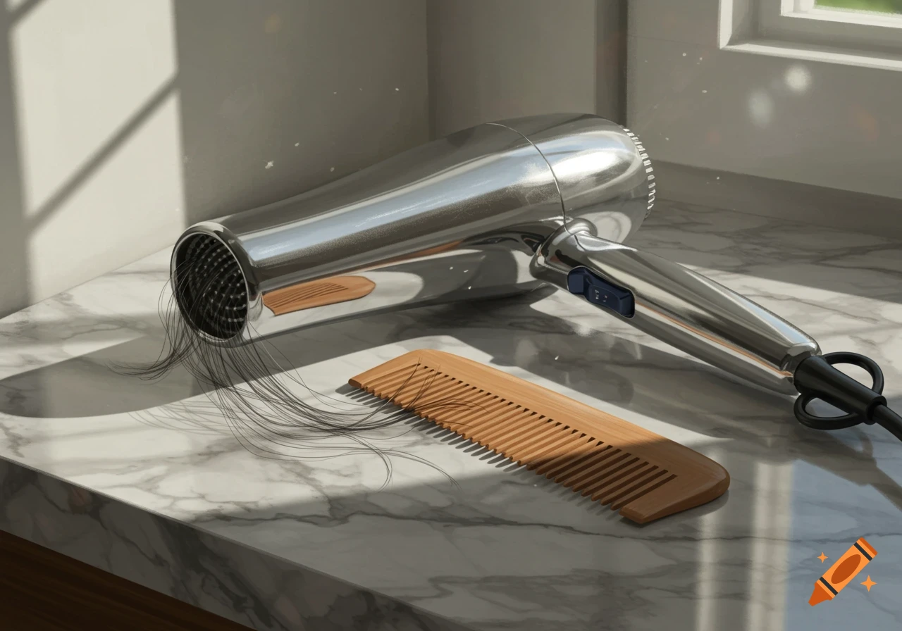 A shiny chrome hair dryer and a wooden comb lie on a white marble countertop, with strands of dark hair scattered around. Sunlight casts shadows from a window.