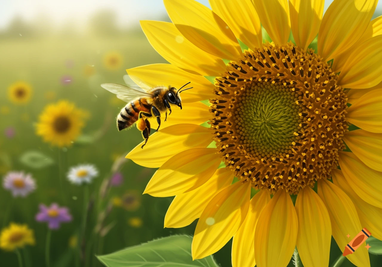 A close-up, photorealistic view of a bee landing on a vibrant yellow sunflower in a sunny field.