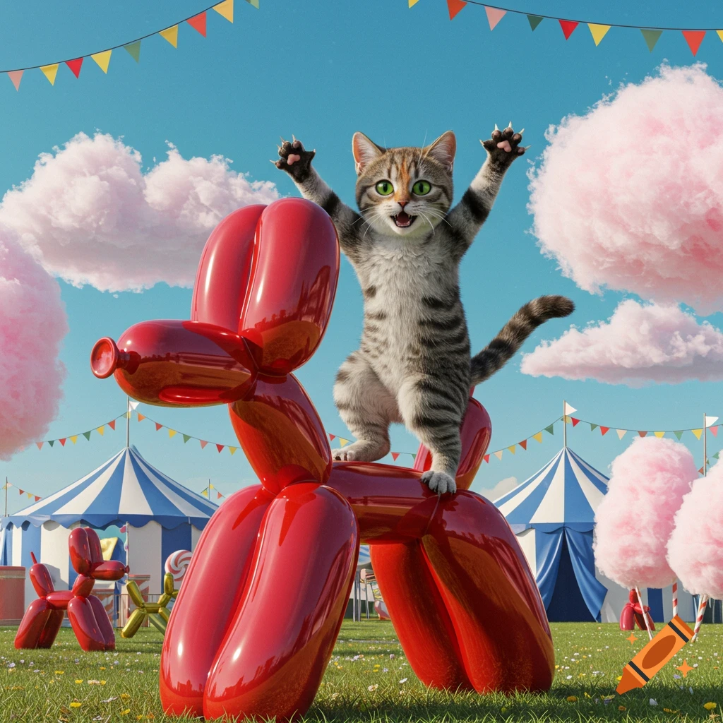 A tabby cat with green eyes and claws out stands on a shiny red balloon dog in a vibrant carnival setting with tents and cotton candy clouds.
