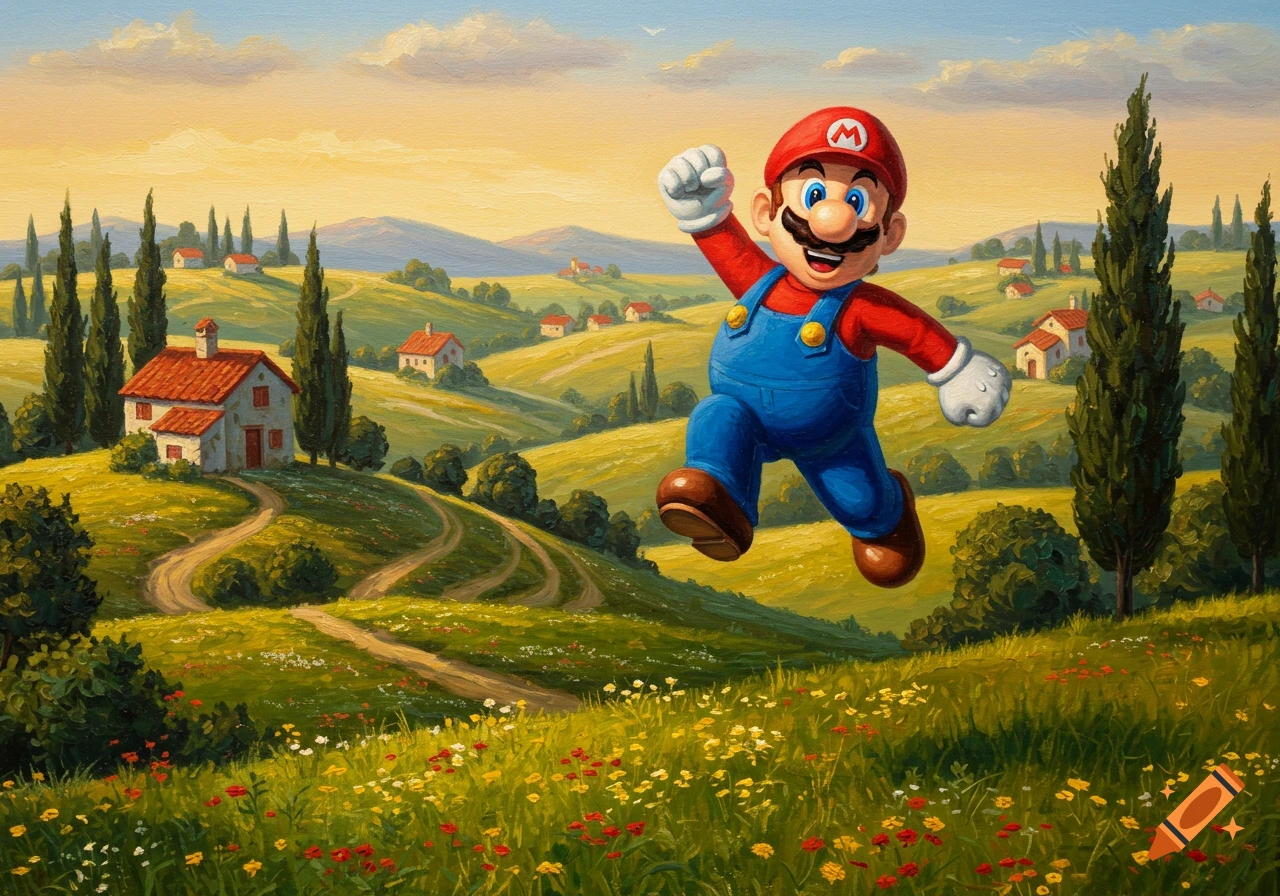 Super Mario leaps through a vibrant oil painting of a Tuscan landscape with rolling green hills, cypress trees, and small houses.