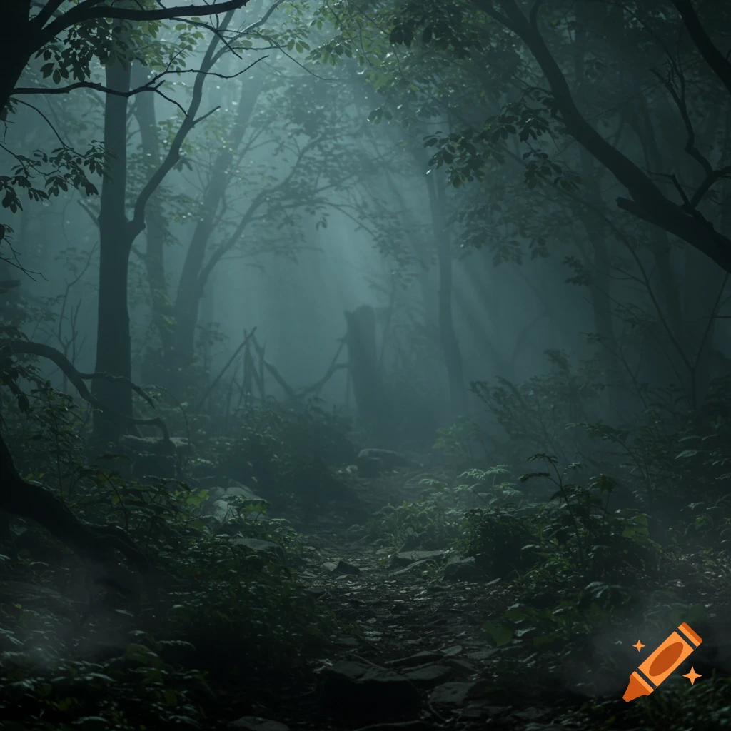 A dark, foggy forest path bathed in eerie light, with tall trees looming and dense undergrowth creating a spooky atmosphere.