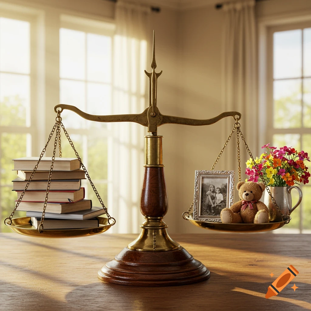 Realistic image of a brass balance scale on a wooden table. One side holds a stack of books, the other a photo of children, a teddy bear, and flowers.