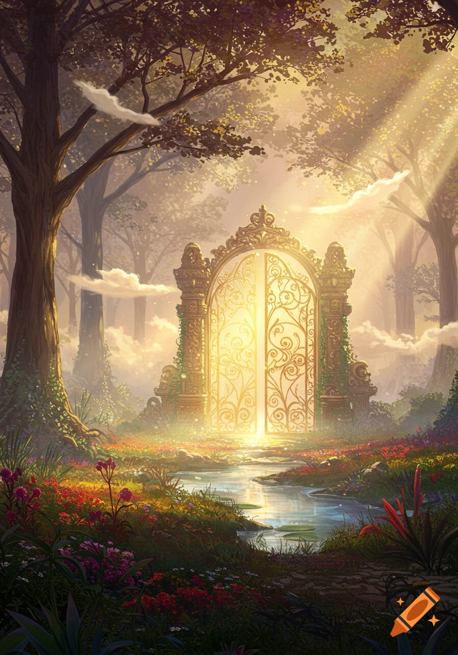 Ornate golden gates bathed in ethereal light in a sunlit fantasy forest with a stream and colorful flowers.