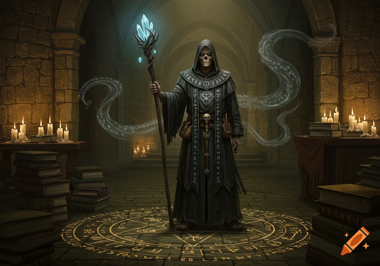 A skeletal necromancer in a dark robe holds a glowing crystal staff, standing on an arcane circle in a dimly lit dungeon with candles and books.