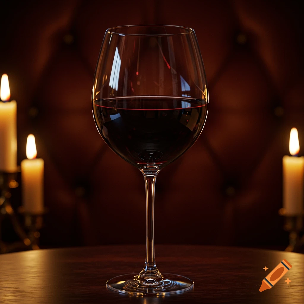 Photorealistic red wine glass on a dark table, illuminated by candles against a tufted background.