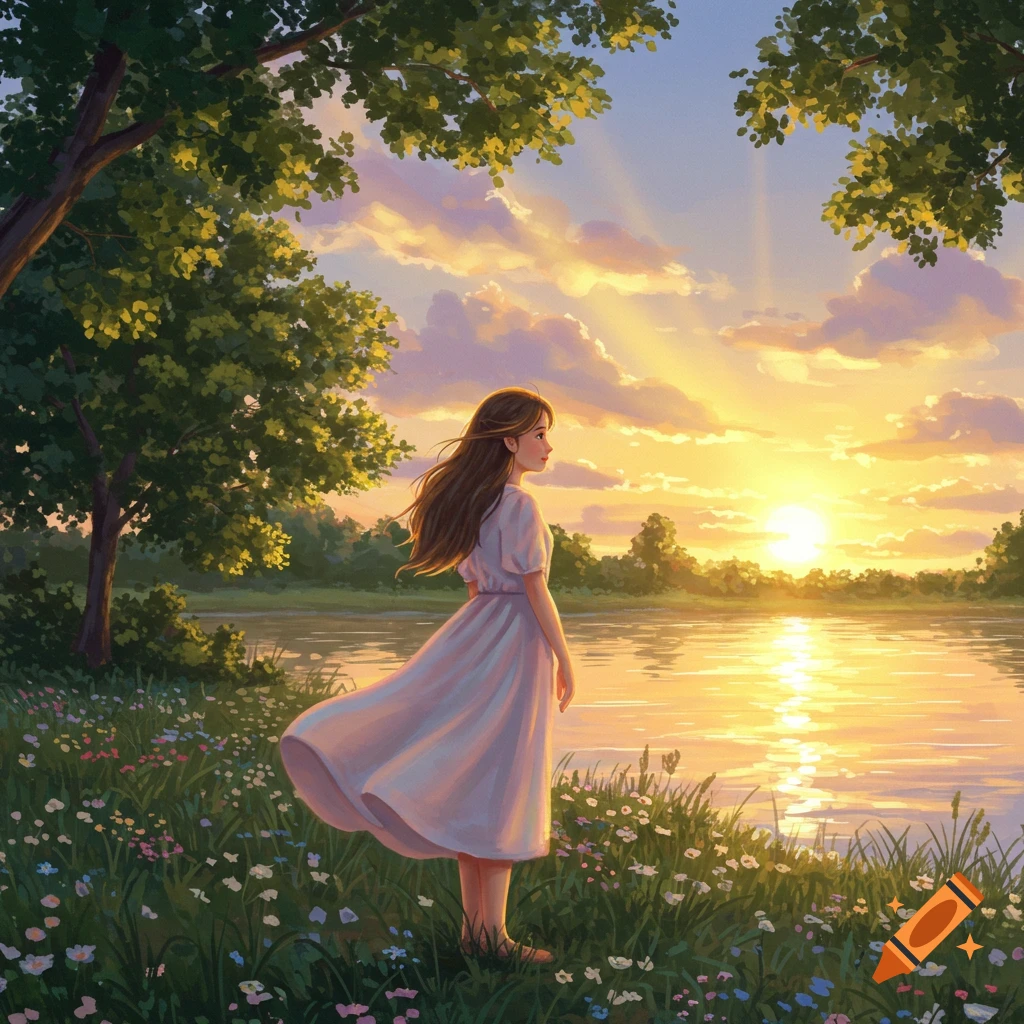 An illustrated young girl in a white dress stands by a lake, surrounded by wildflowers, gazing at a golden sunset.