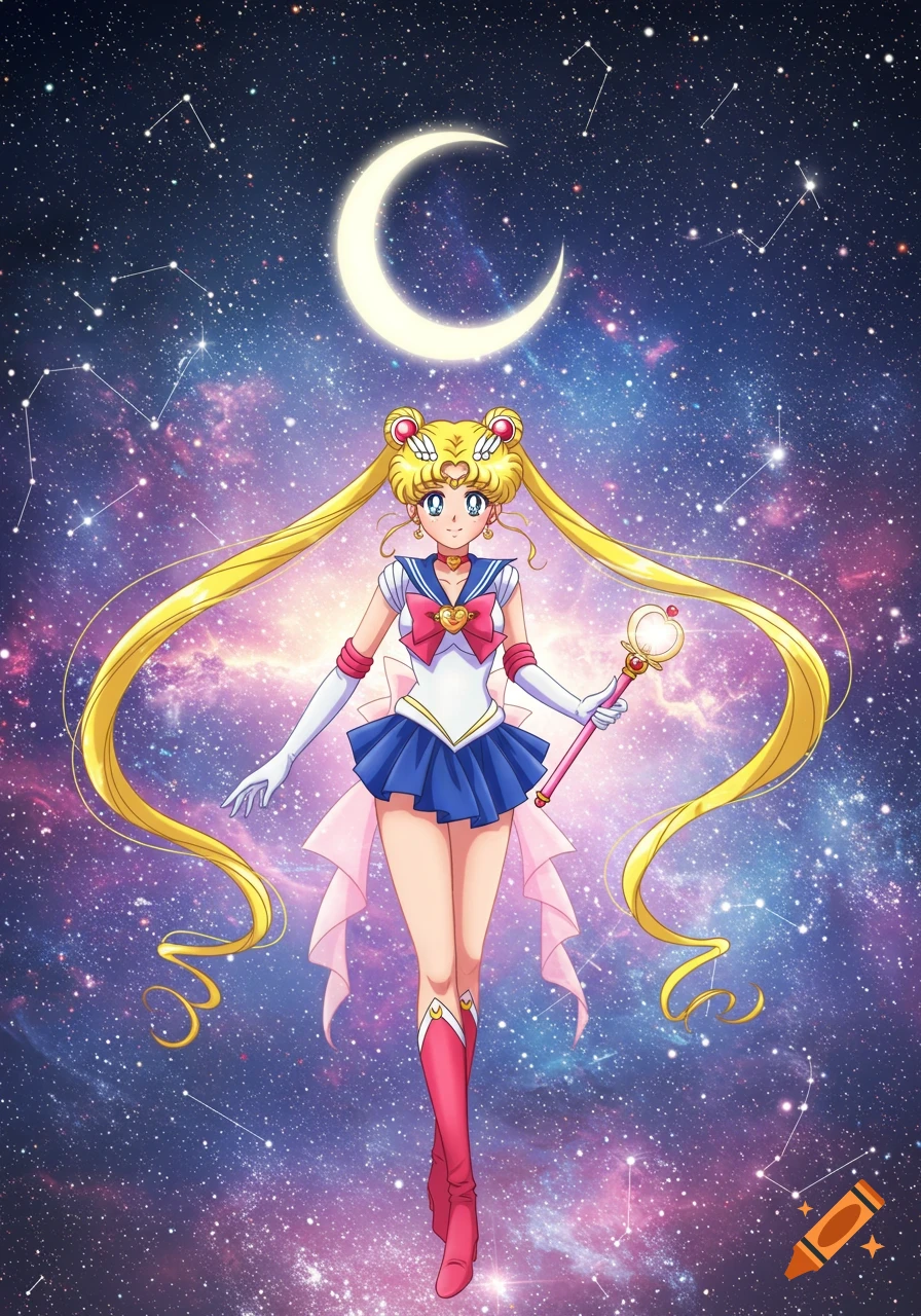 Sailor Moon in her uniform floats in a colorful, starry galaxy with a large crescent moon.
