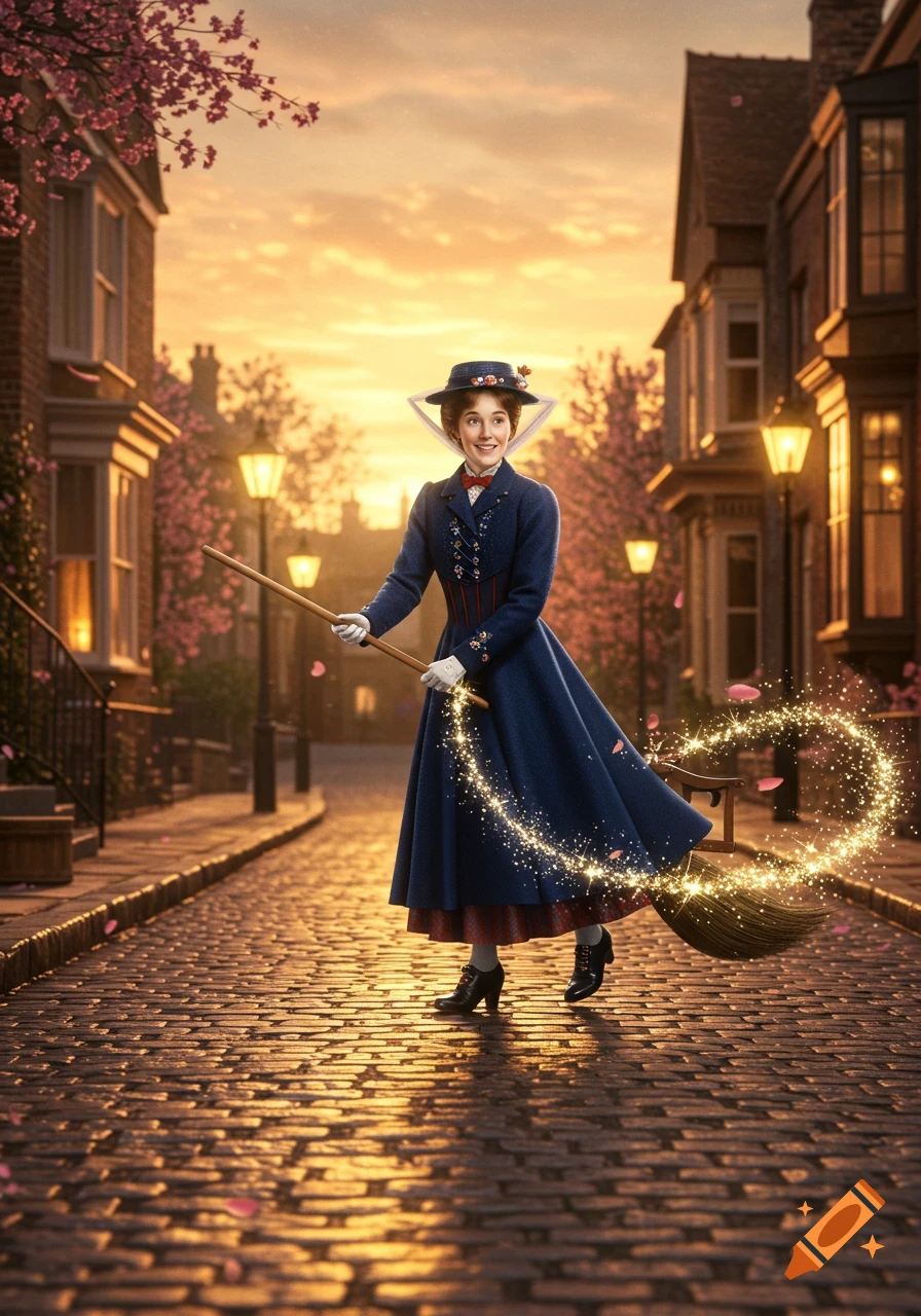 A photorealistic depiction of Mary Poppins sweeping a cobblestone street with a magical, sparkling broom at sunset, cherry blossoms falling.