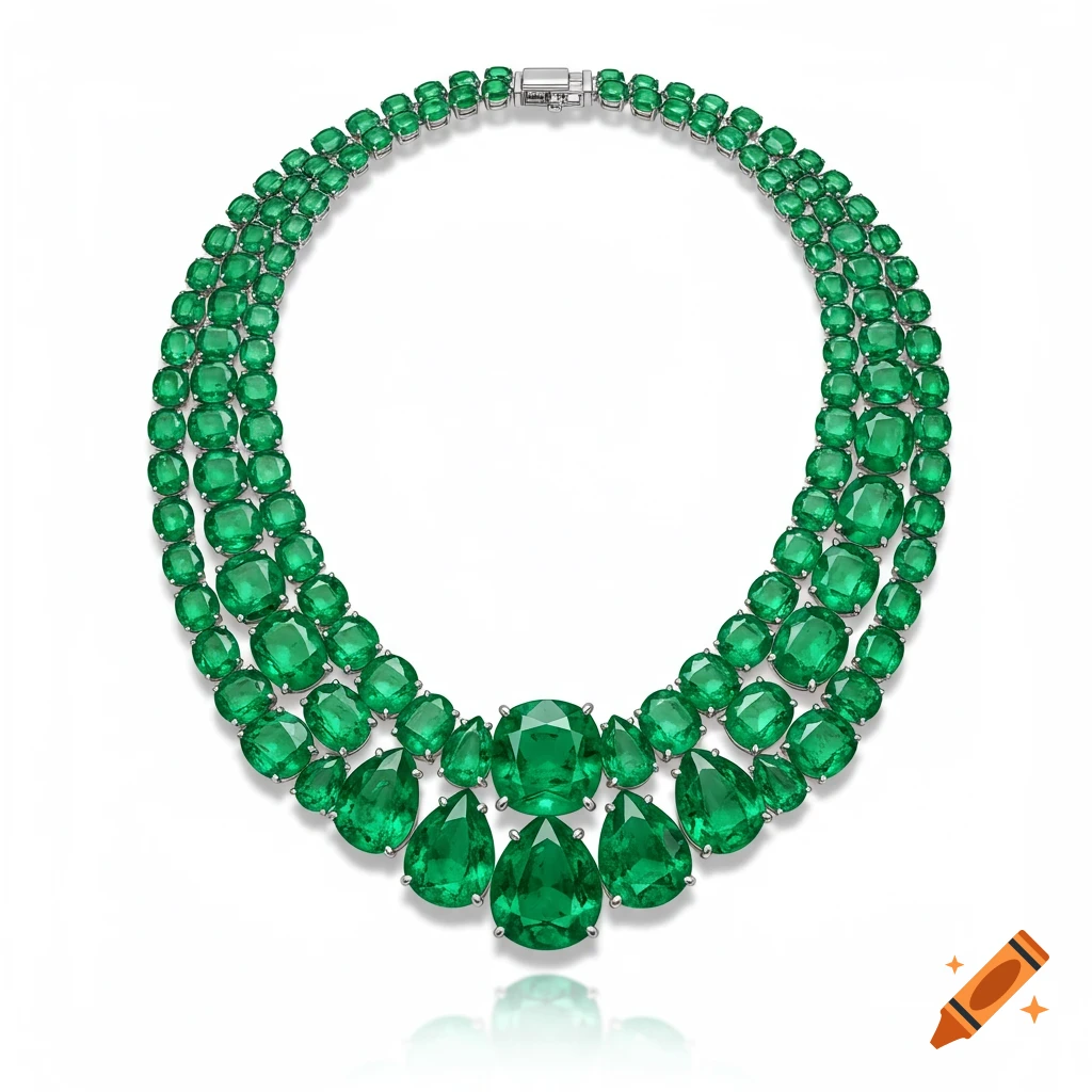 Three-tiered emerald gem necklace with round and pear-shaped stones, featuring a silver clasp, on a white background.