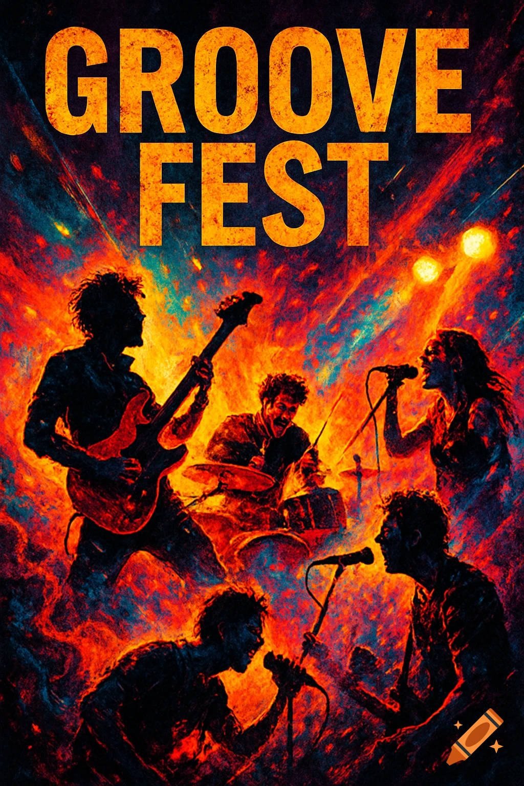 Vibrant poster for 'GROOVE FEST' with silhouettes of a rock band performing against a fiery, abstract background.
