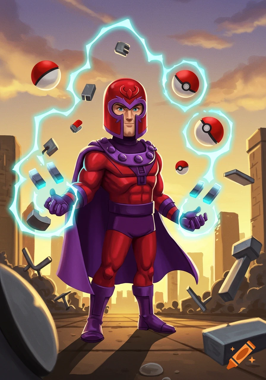 Cartoon Magneto in red and purple with a cape, levitating metallic objects and Pok The original JSON object was not correct, I have fixed it to use a proper newline and removed extra characters. The rest of the content remains the same.