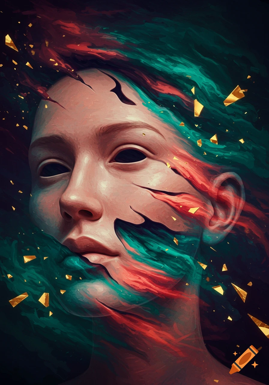 Surrealist portrait of a face dissolving into red, teal, and green abstract brushstrokes with golden shards.