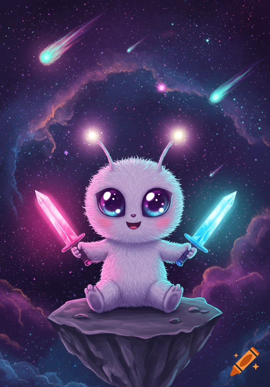 A super cute, fluffy baby alien with big sparkling eyes sits on a floating rock in a galaxy, happily holding neon pink and blue crystal swords. Cartoon style.