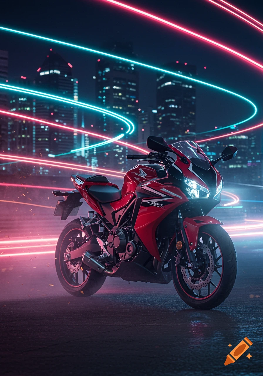 Red Honda CBR motorcycle with glowing headlights on a city street at night, surrounded by streaking neon red and blue light trails.