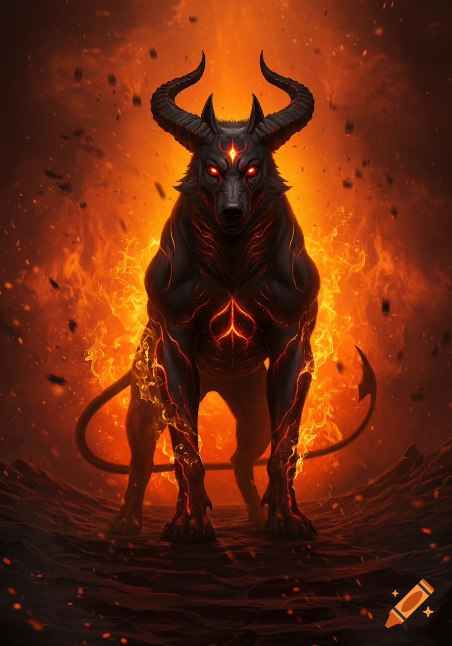 A fierce black hellhound with glowing red eyes and horns stands in a fiery landscape, its body marked with glowing orange cracks.