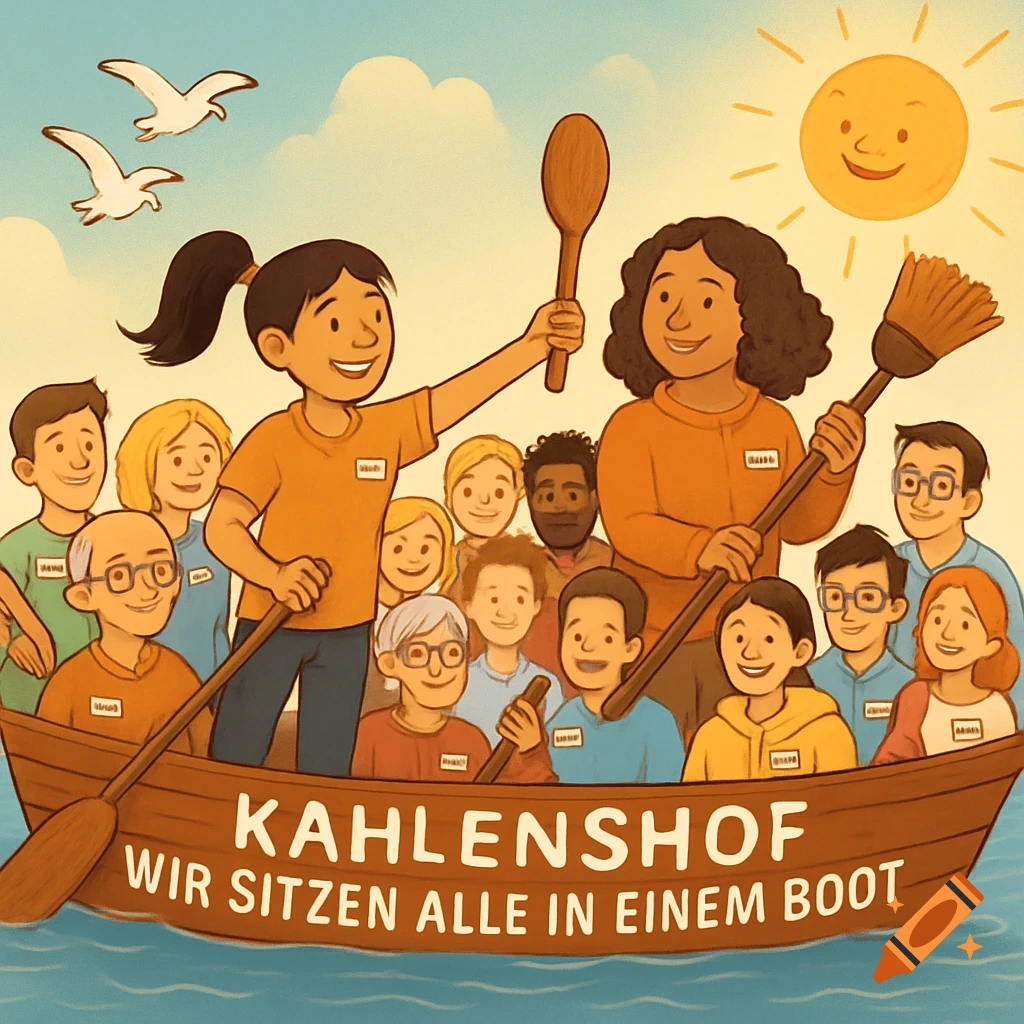 A heartwarming cartoon of diverse people in a boat under a sunny sky. The boat reads "KAHLENSHOF WIR SITZEN ALLE IN EINEM BOOT".