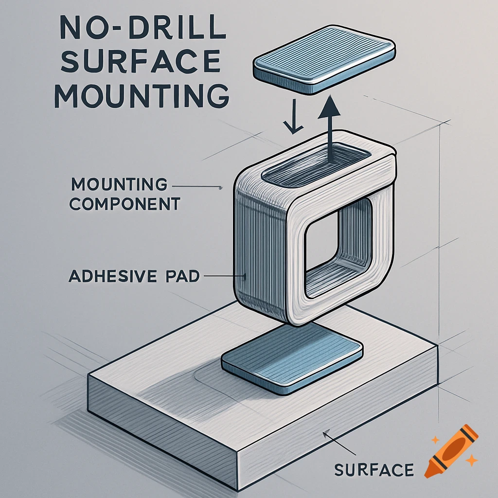 Technical illustration of a no-drill surface mounting system with labeled components.