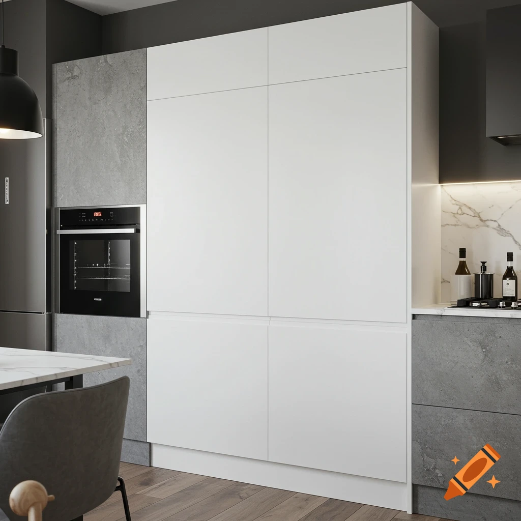 Modern minimalist kitchen with white flat-panel cabinets and concrete walls, featuring a built-in oven and a marble counter.