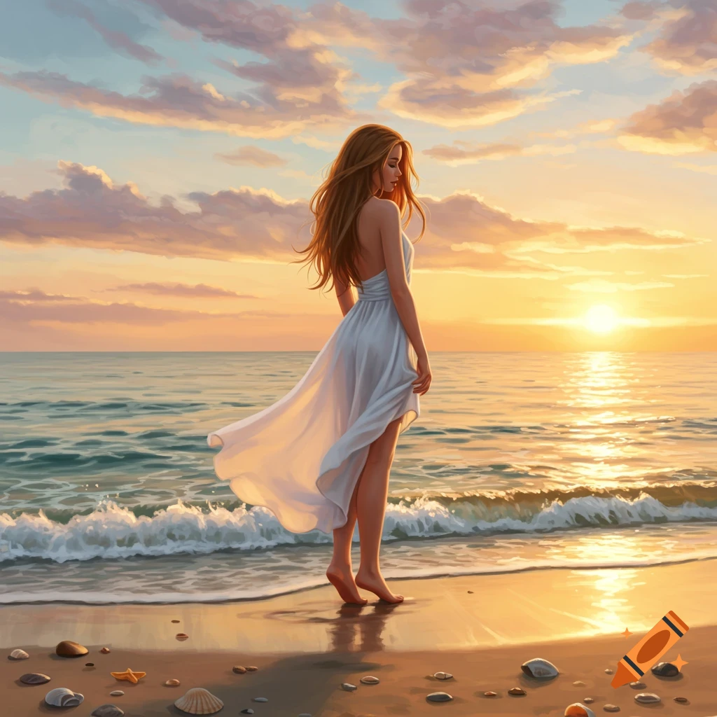 A woman in a white dress stands barefoot on a sandy beach, looking towards the ocean at sunset.