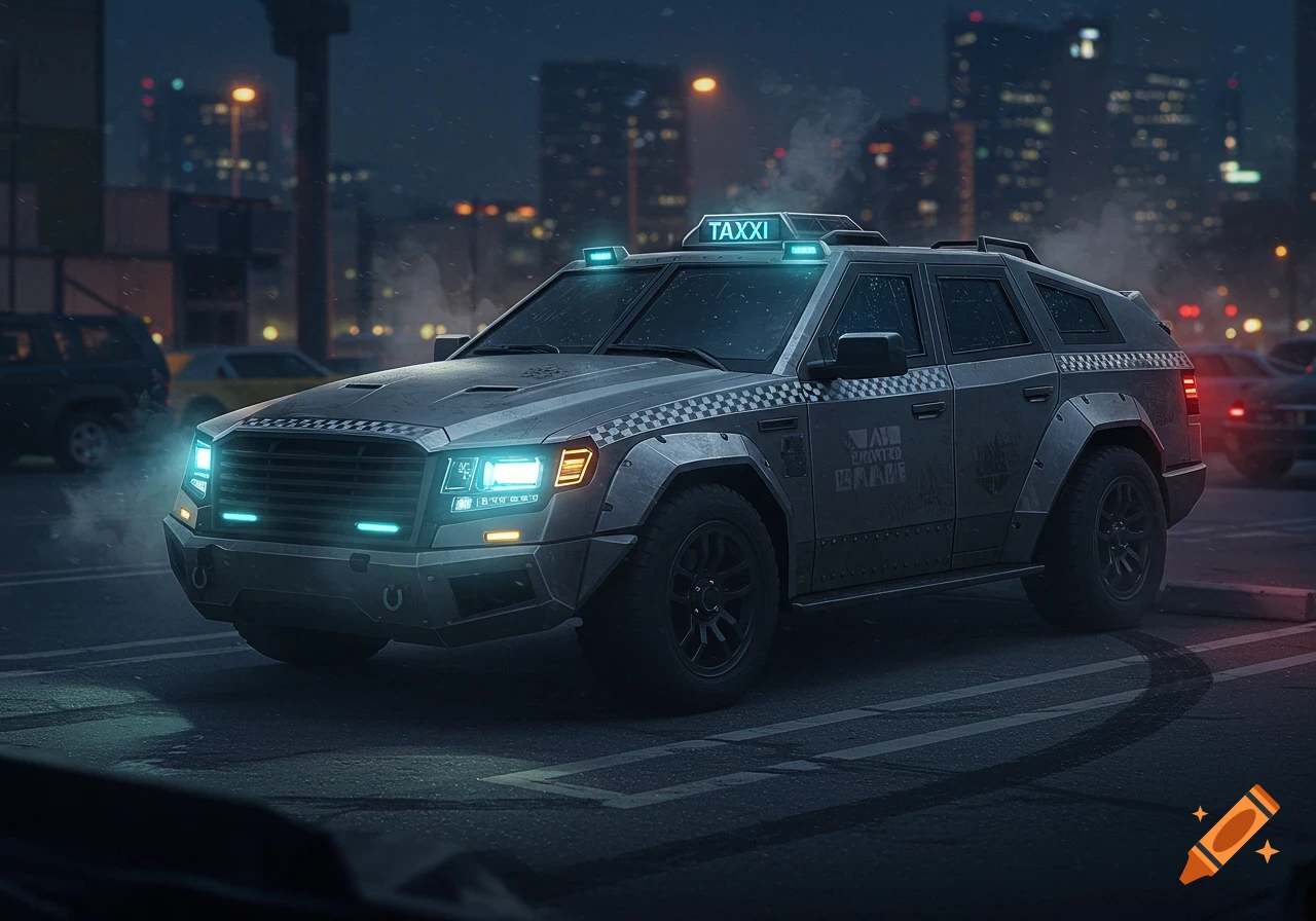 A futuristic armored self-driving taxi with glowing blue and yellow lights parked in a dark city parking lot at night.
