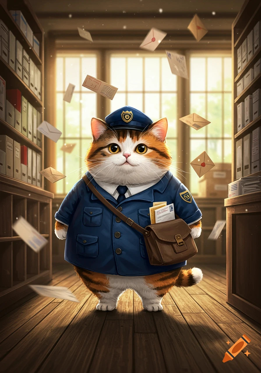 A plump, fluffy cat in a blue post office uniform and hat stands in a post office, with letters floating around.