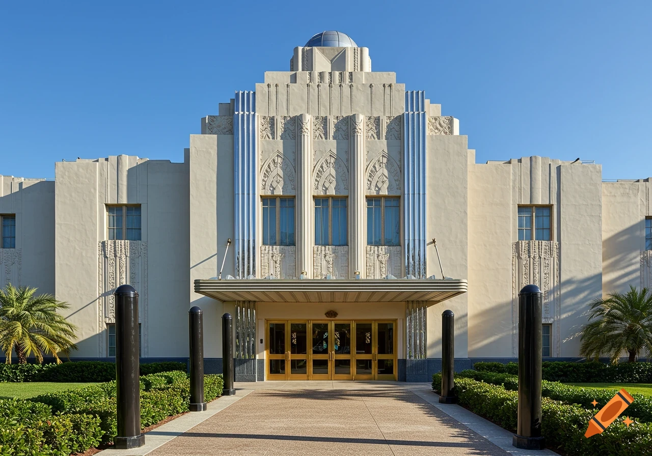 Photorealistic Art Deco building with a grand stepped facade, a central entrance canopy, golden doors, and palm trees under a clear blue sky.