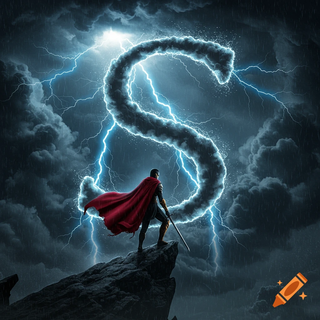 A heroic figure in a red cape stands on a rocky cliff, looking towards a giant letter 'S' formed by lightning and storm clouds.