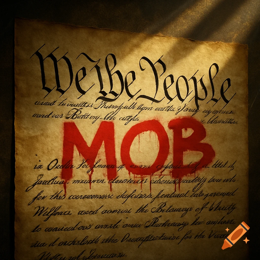 Close-up of an aged document resembling the US Constitution with "We the People" in ornate script. The word "MOB" is graffitied in red, dripping paint over "People".