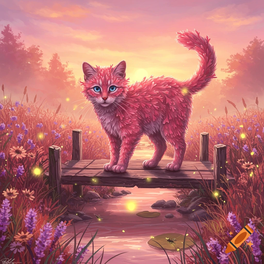 A vibrant pink cat with striking blue eyes stands on a wooden bridge over a glowing stream amidst a field of wildflowers at sunset.