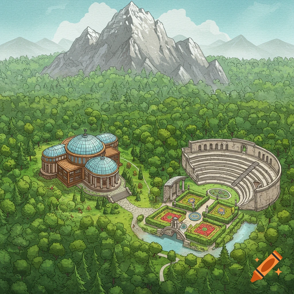 An illustrated top-down map of a forest, a snow-capped mountain, a grand library, an amphitheater, and formal gardens.