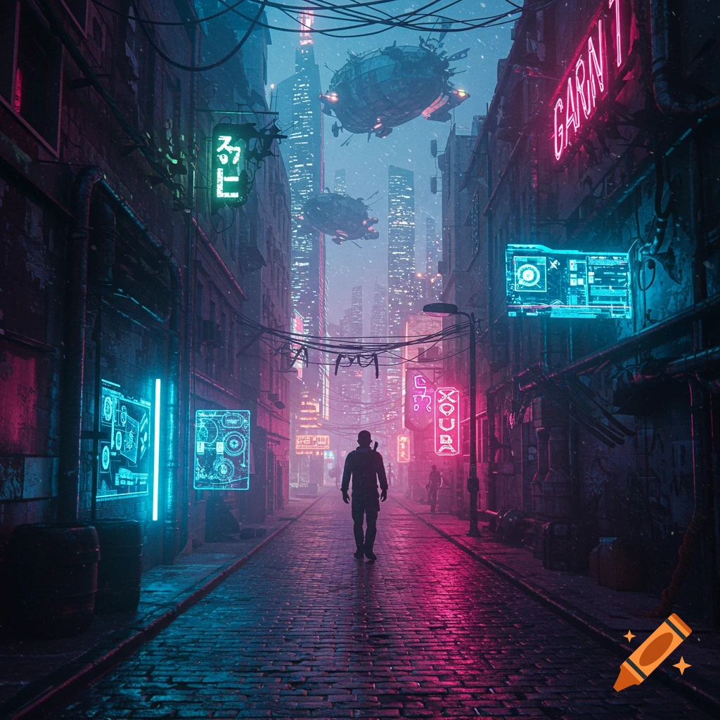 A person walks down a wet, neon-lit alleyway in a futuristic city with tall buildings and flying vehicles in the sky.