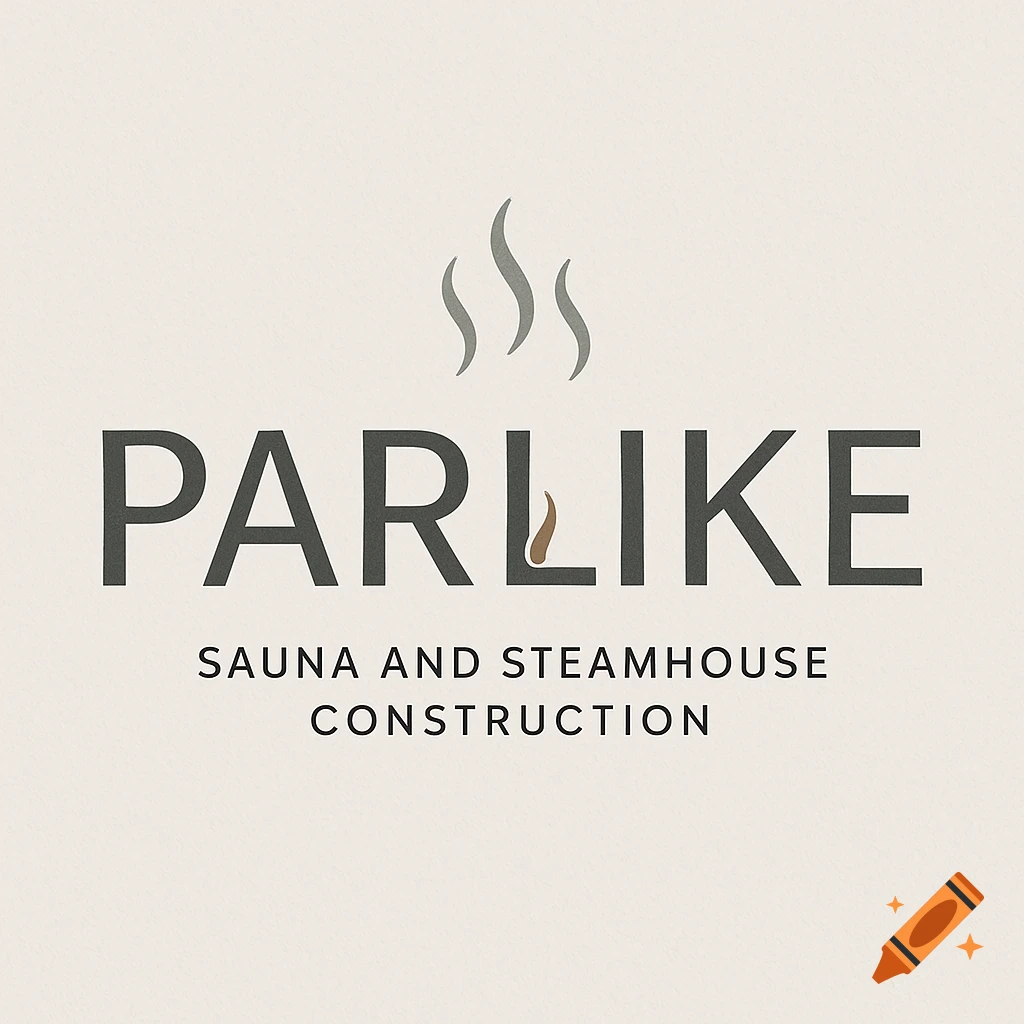 Minimalist logo for PARLIKE Sauna and Steamhouse Construction, featuring gray text and a stylized steam/flame icon on a light background.