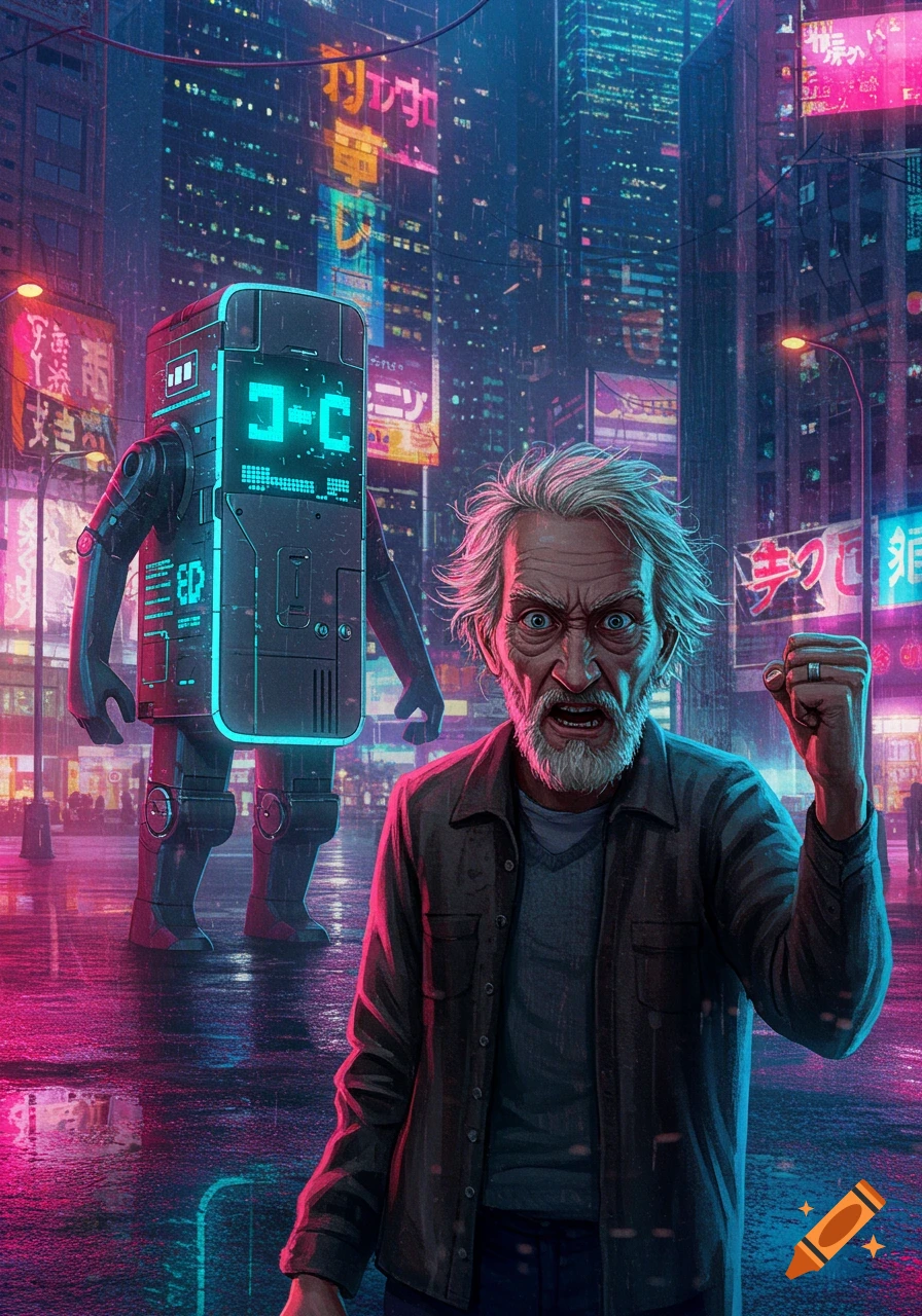 An angry old man with white hair shakes his fist at a rectangular robot in a neon-lit cyberpunk city at night.
