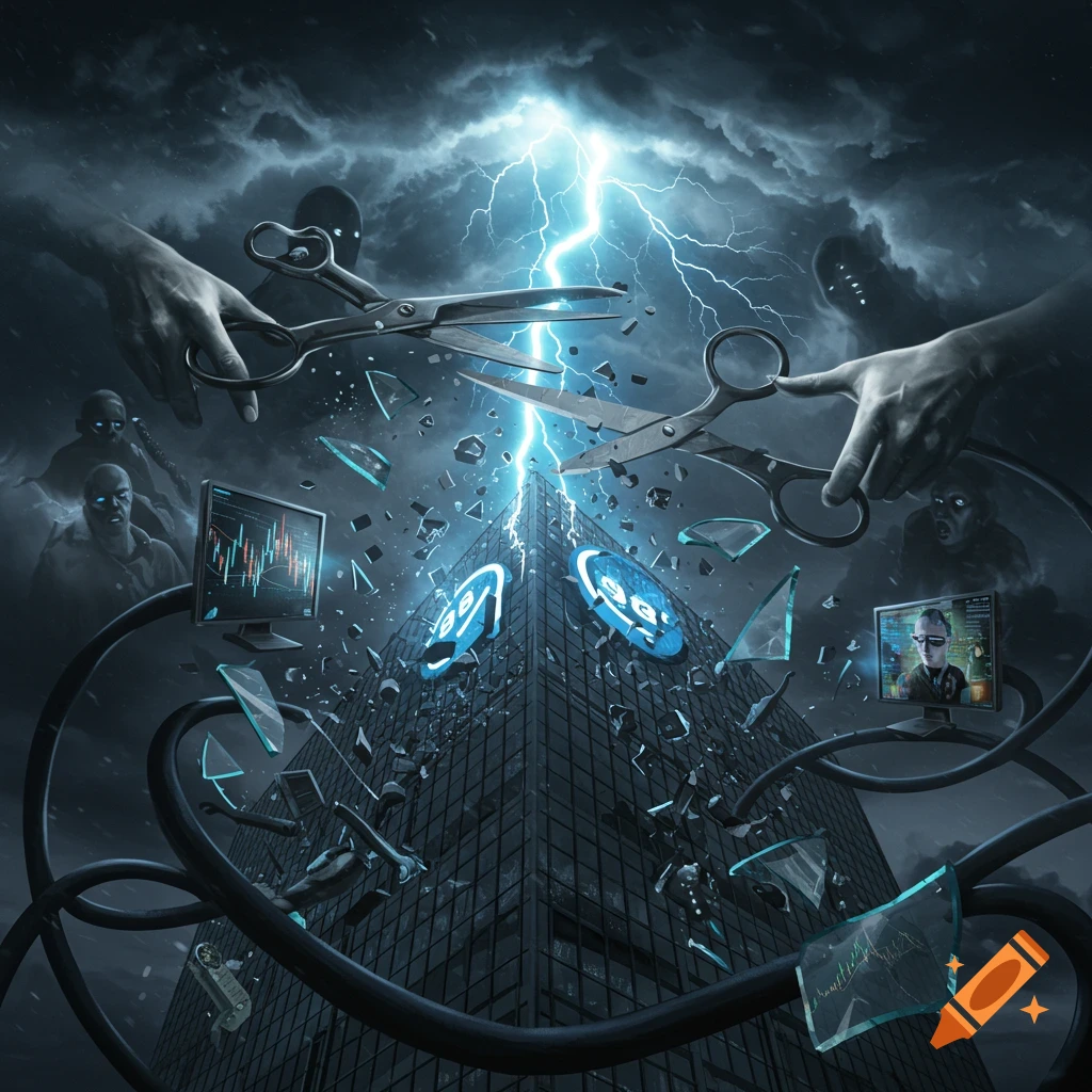 Dramatic dark fantasy illustration of a skyscraper breaking under lightning, with giant hands holding scissors and shadowy figures looming.