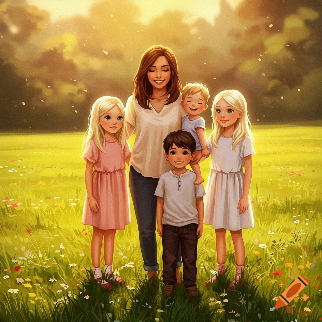 An illustration of a mother with four children standing happily in a sunny, flower-filled grassy field.
