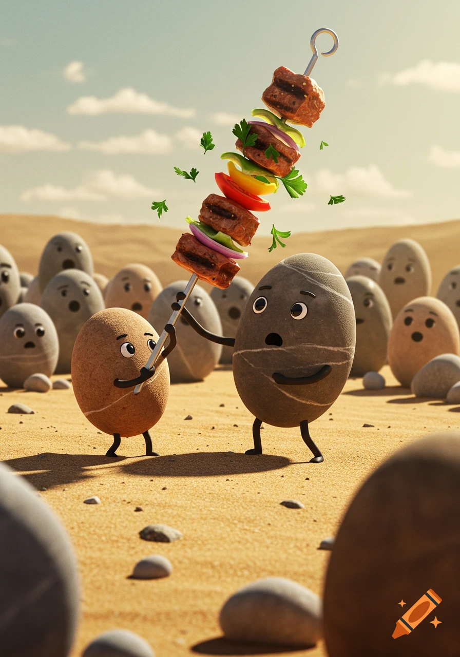 A small pebble holds a kebab skewer towards a larger, surprised pebble in a desert landscape, with other pebbles in the background.
