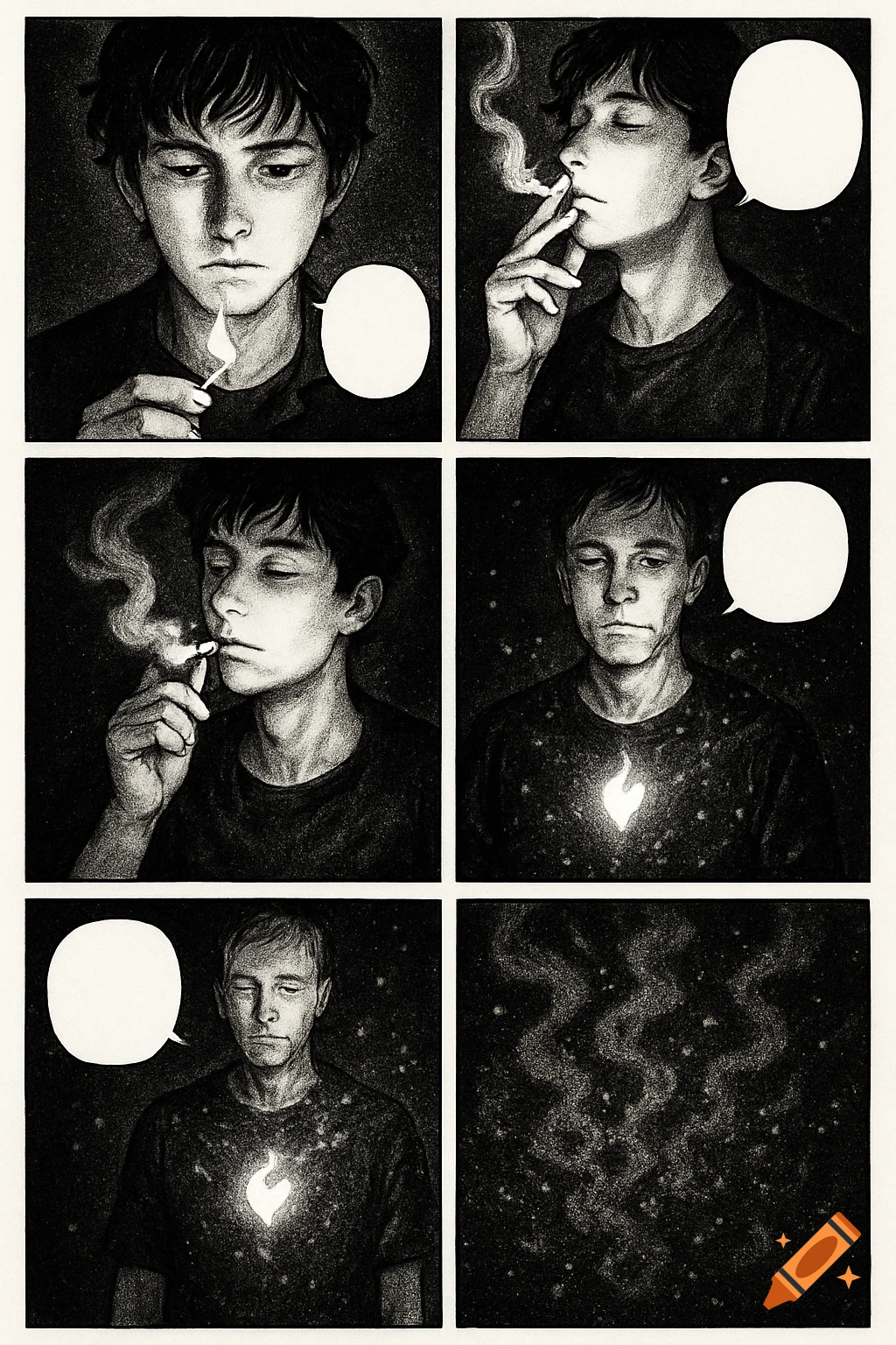 A black-and-white manga page shows a young man lighting a match, smoking, a flame appearing in his chest, and then dissolving into smoke and ash. Empty speech bubbles are present.