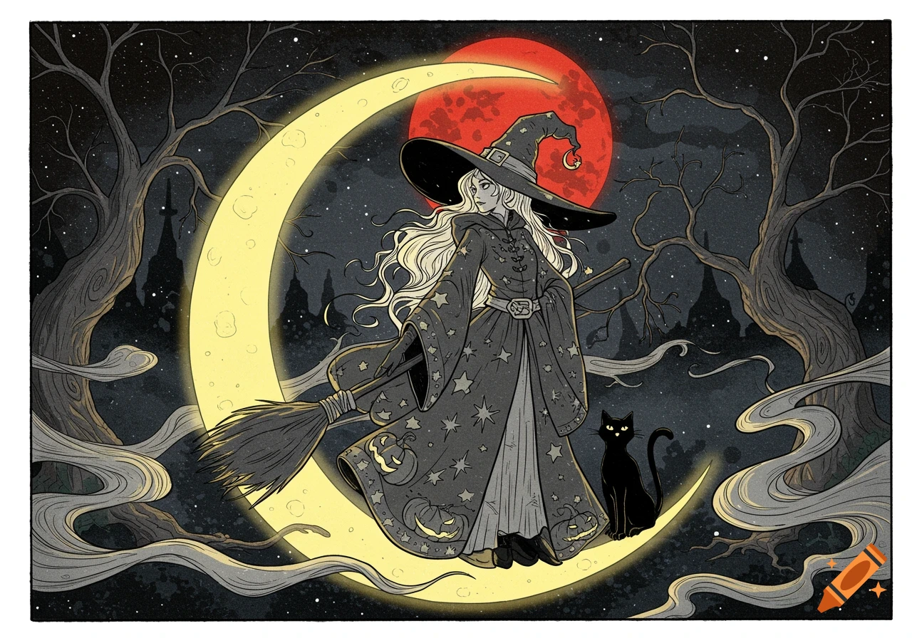A line drawing of a witch on a crescent moon with a black cat, surrounded by twisted trees under a red moon. Halloween vibe.