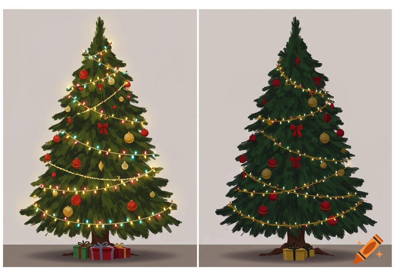 Two illustrated Christmas trees side-by-side. The left tree glows with colorful lights and has gifts. The right tree is unlit, with gifts, against a neutral background.