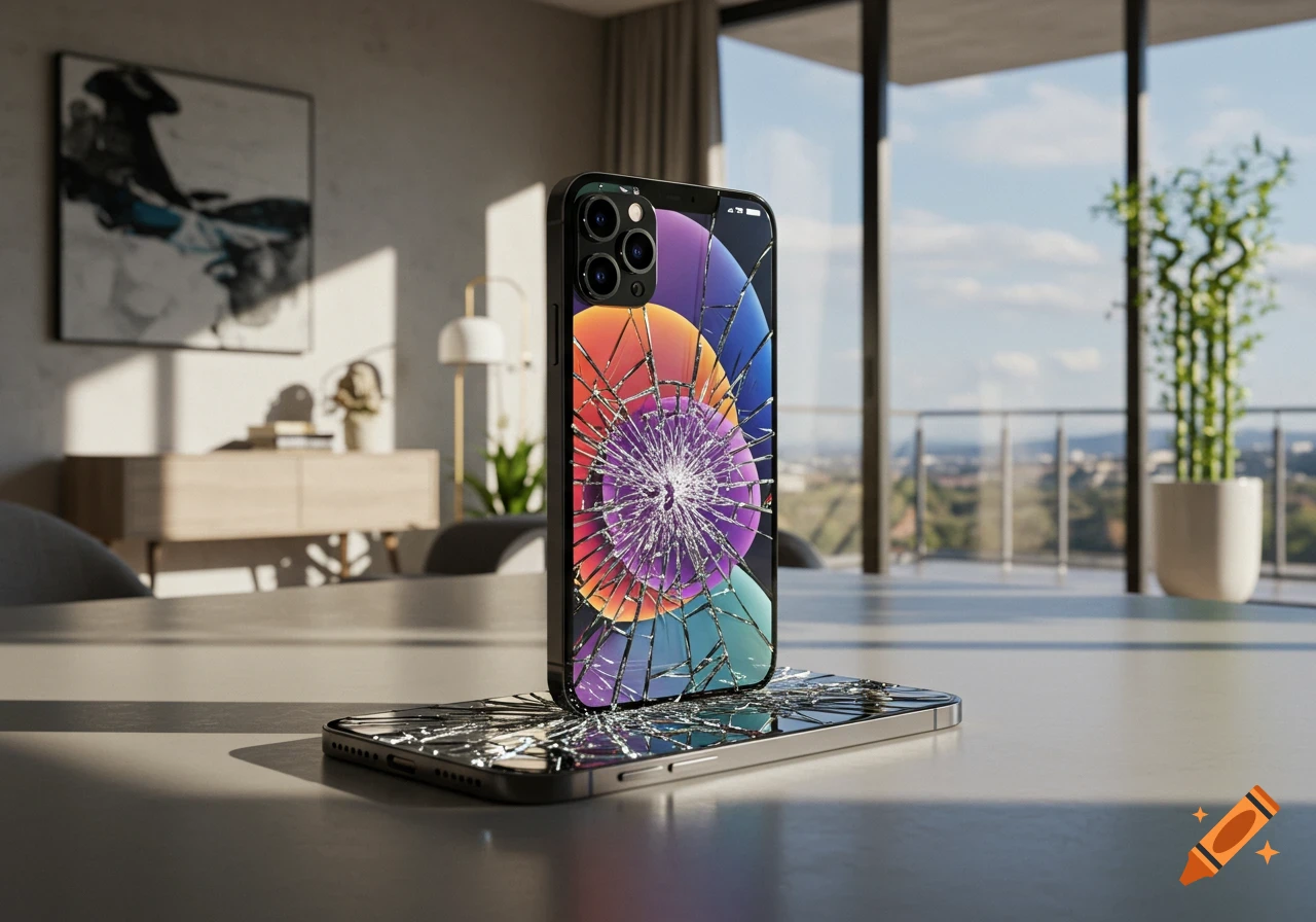 A photorealistic image of a broken iPhone 15 standing on a table with another broken iPhone, in a modern room with a city view.