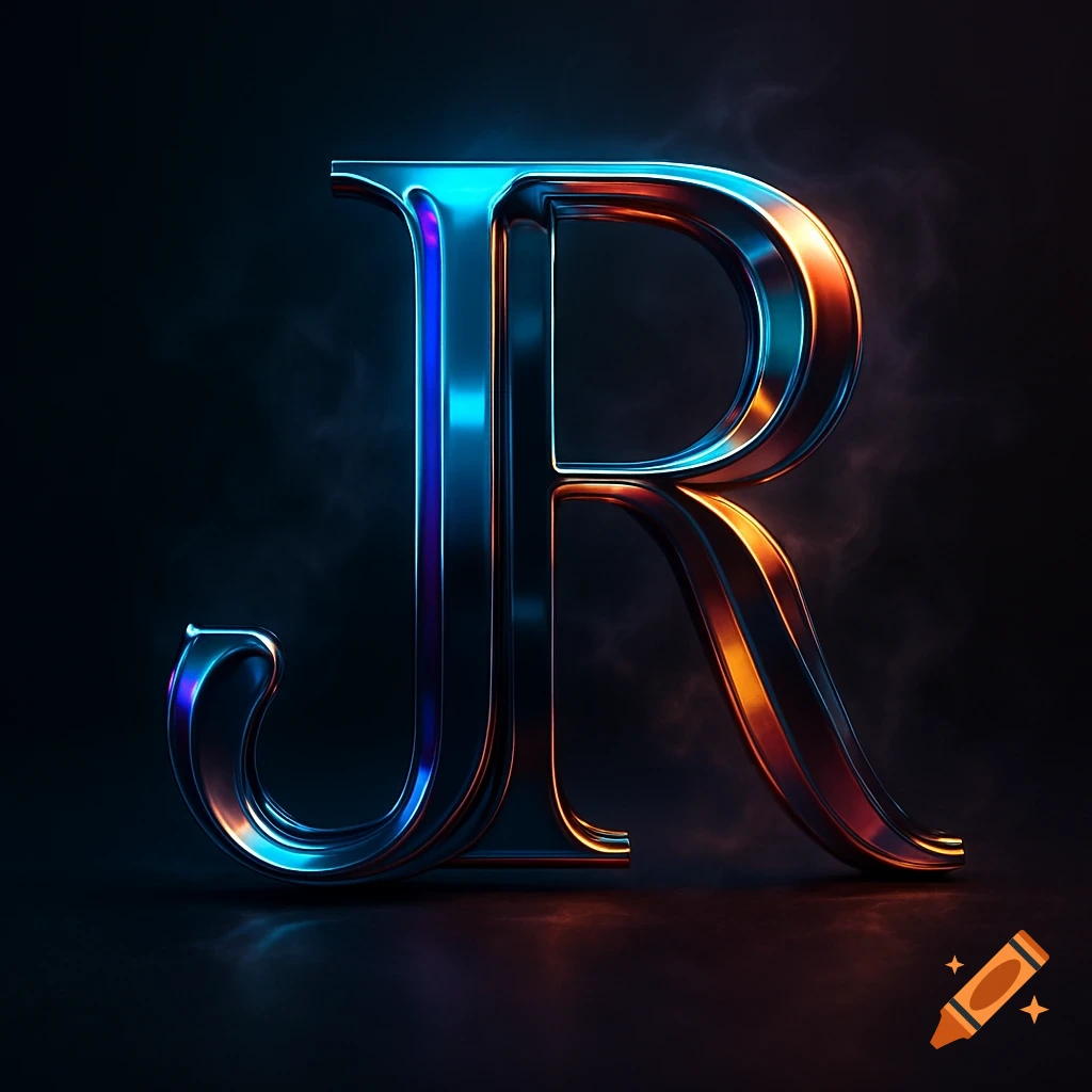 Metallic glowing 'JR' letters intertwined with blue and orange light on a dark, smoky background.