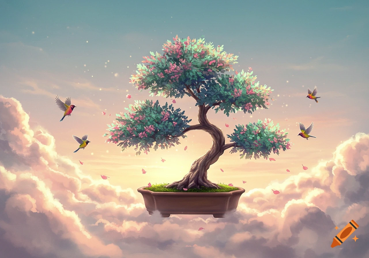 An illustrated bonsai tree in a pot floats among soft clouds, with birds flying and pink petals falling in a serene sky.