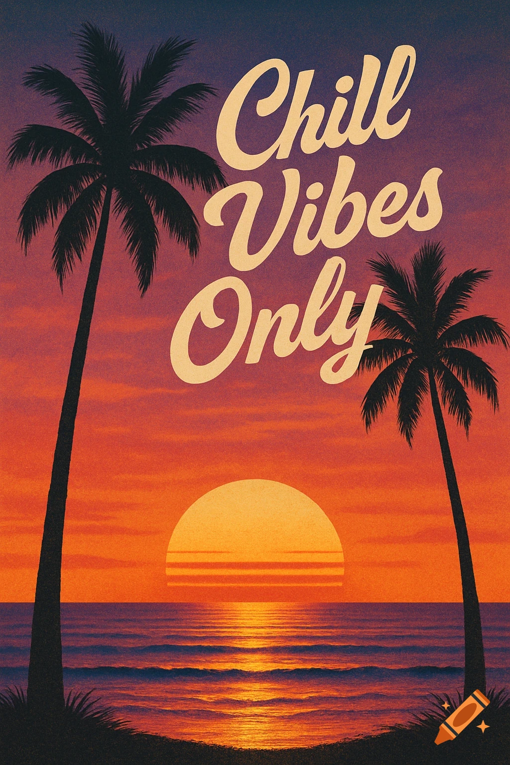 Retro-style sunset with two palm tree silhouettes, ocean waves, and a large sun, with the text 'Chill Vibes Only' in a stylized font.