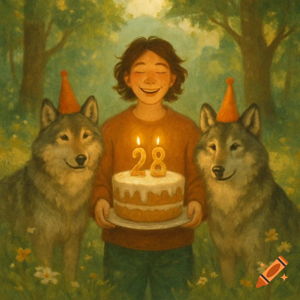 A smiling person holds a birthday cake with '28' candles, flanked by two wolves in party hats, in a forest clearing. Illustrated.