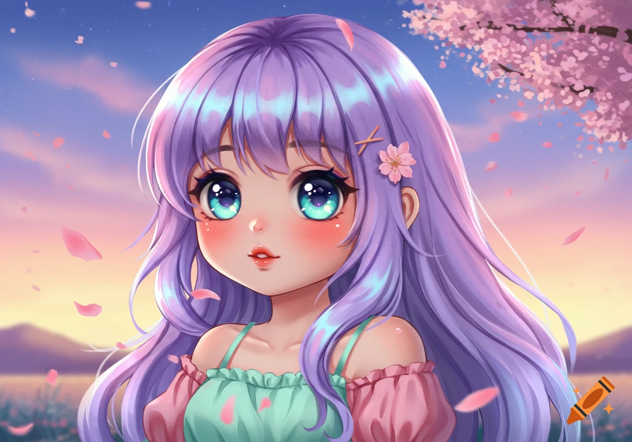 A cute anime girl with lavender hair and turquoise eyes in a pink and mint green dress, surrounded by falling cherry blossom petals at sunset.
