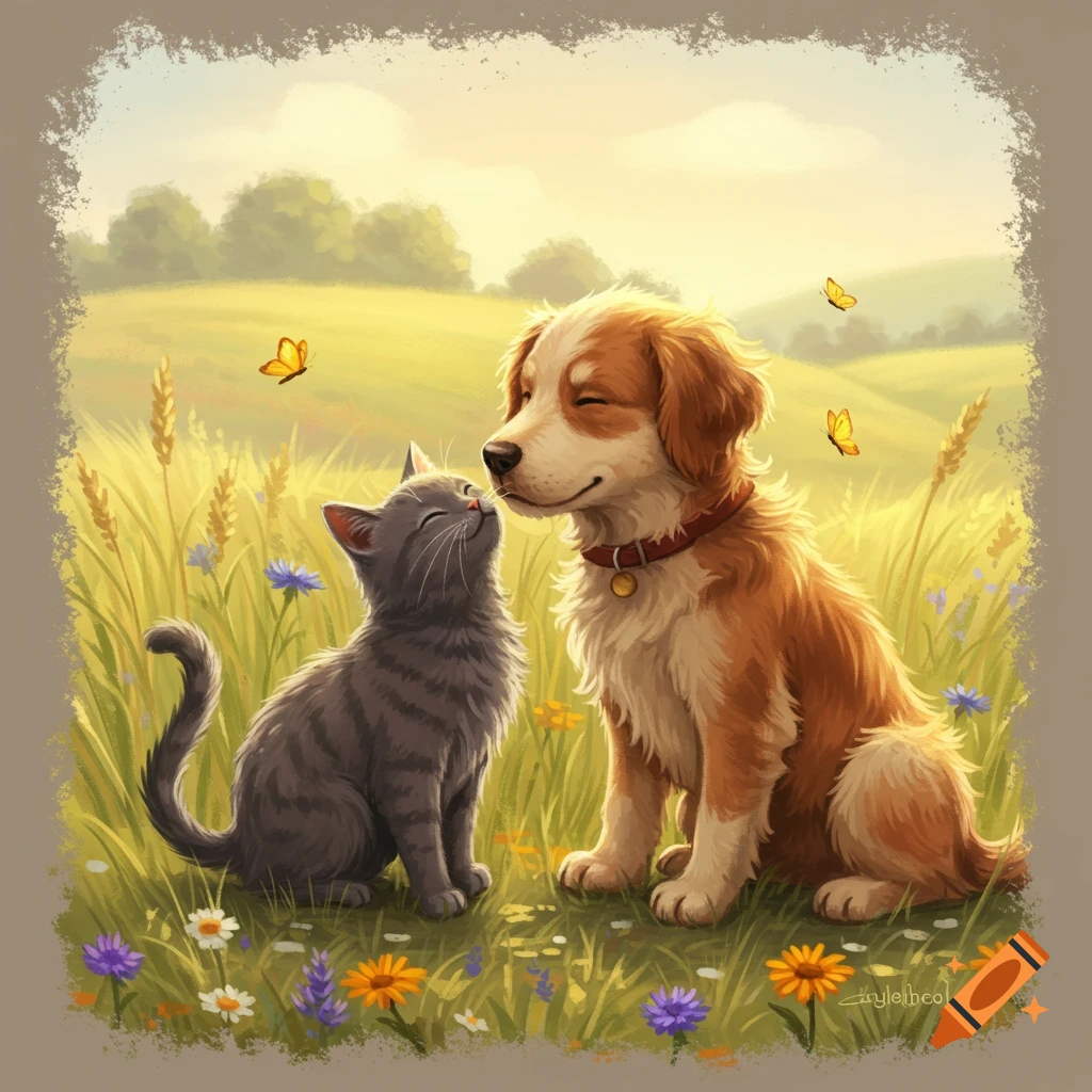 A cheerful illustration of a gray tabby cat and a brown and white dog touching noses in a sunny field with wildflowers and butterflies.