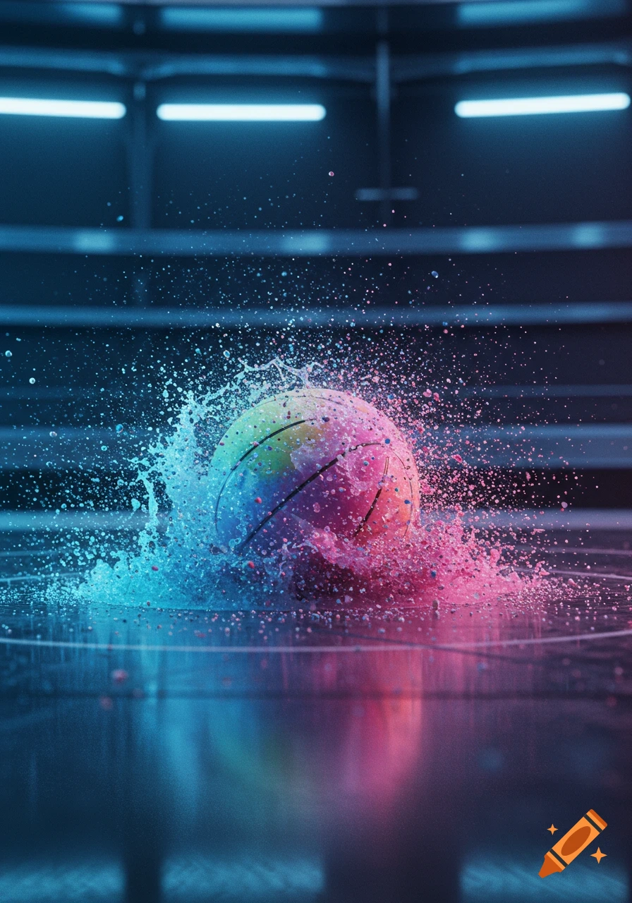A colorful basketball splashes vibrantly with pink and blue water on a dark, neon-lit court, capturing an impact frame.